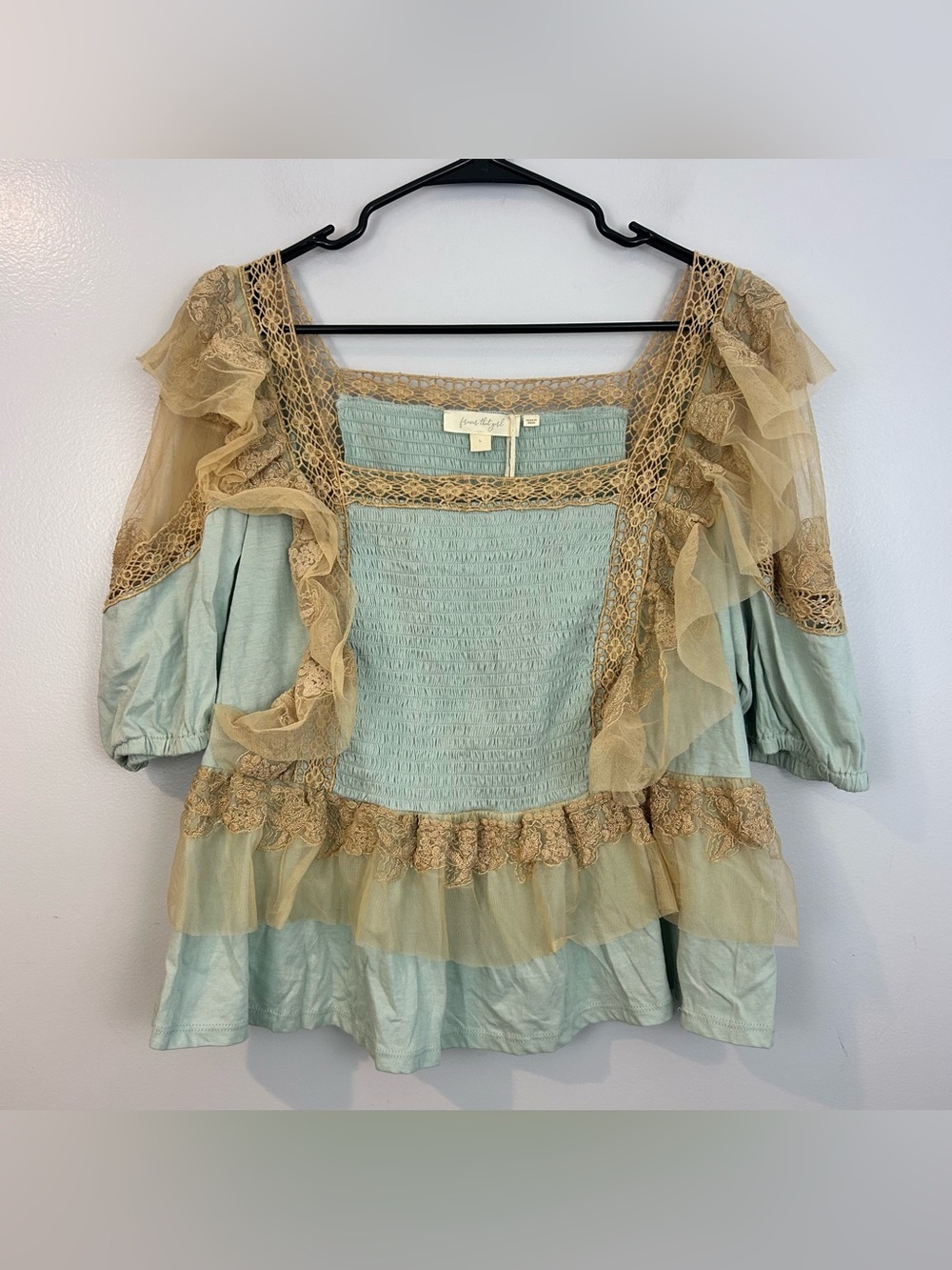 NWT Forever That Girl Blue/Tan Ruffle Lace Peplum Fairy Top Large Anthropologie - Picture 16 of 16